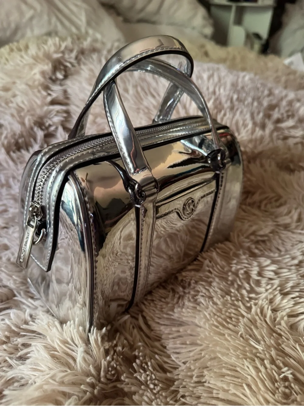 Michael Kors Metallic Silver Mirror Mini Barrel Satchel Crossbody Bag